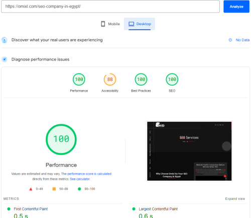 seo agency in egypt results from pagespeed insights